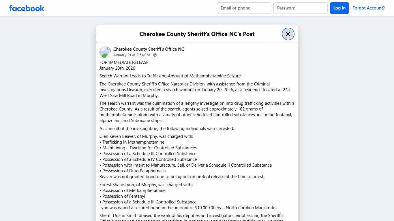 FOR IMMEDIATE... - Cherokee County Sheriff's Office NC Facebook